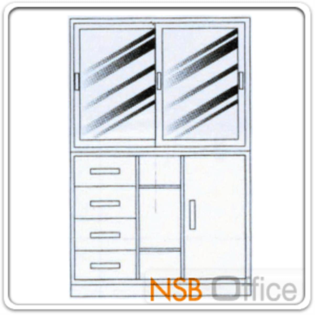 E02A044:ชุดตู้เก็บเอกสารเหล็ก 4 ฟุต บนบานเลื่อนกระจก ล่างตู้ 3 in 1 พร้อมฐานรอง   