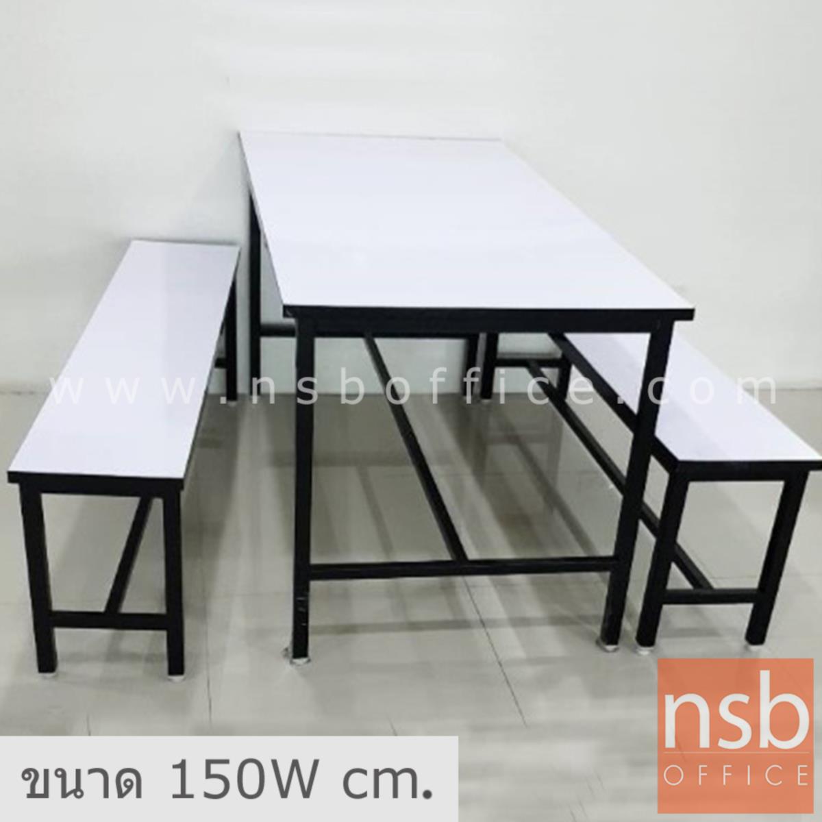 ชุดโต๊ะและเก้าอี้รับประทานอาหารหน้าโฟเมก้าขาว  ขนาด 120W ,150W ,180W cm.  โครงขาเหล็กดำ