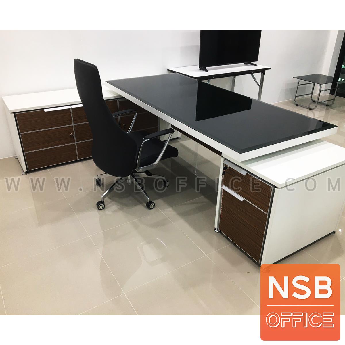 โต๊ะทำงานตัวแอลหน้ากระจก  รุ่น Nextline (เน็กซ์ไลน์) ขนาด 258W cm. สีซีบราโน่-ขาว